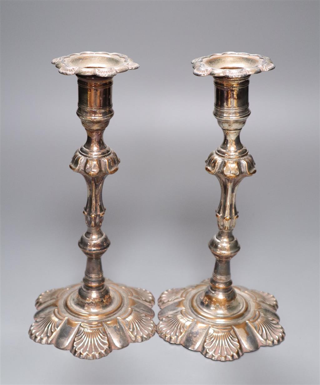 A pair of Victorian Old Sheffield plate candlesticks, 24cm